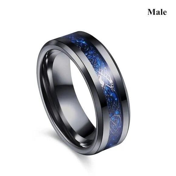 Tungsten Steel Carbide Center Zircon Carved Men's Ring in Beautiful Blue & Black - Picture 3 of 4